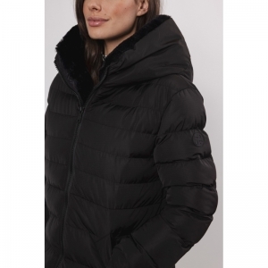 Long padded hooded coat with f - Black